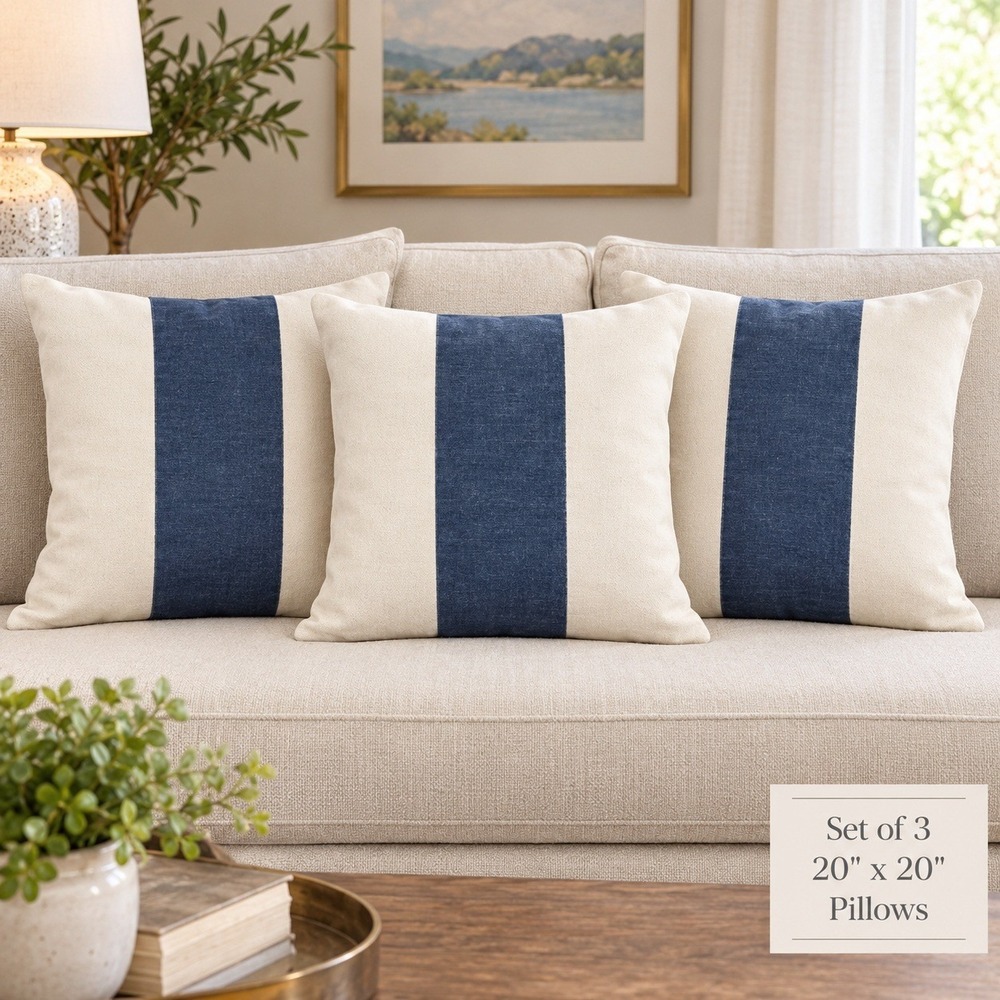 Evergrace Set/3 Slate Blue Cream Striped Cotton Pillow Covers 20x20 Hidden Zip